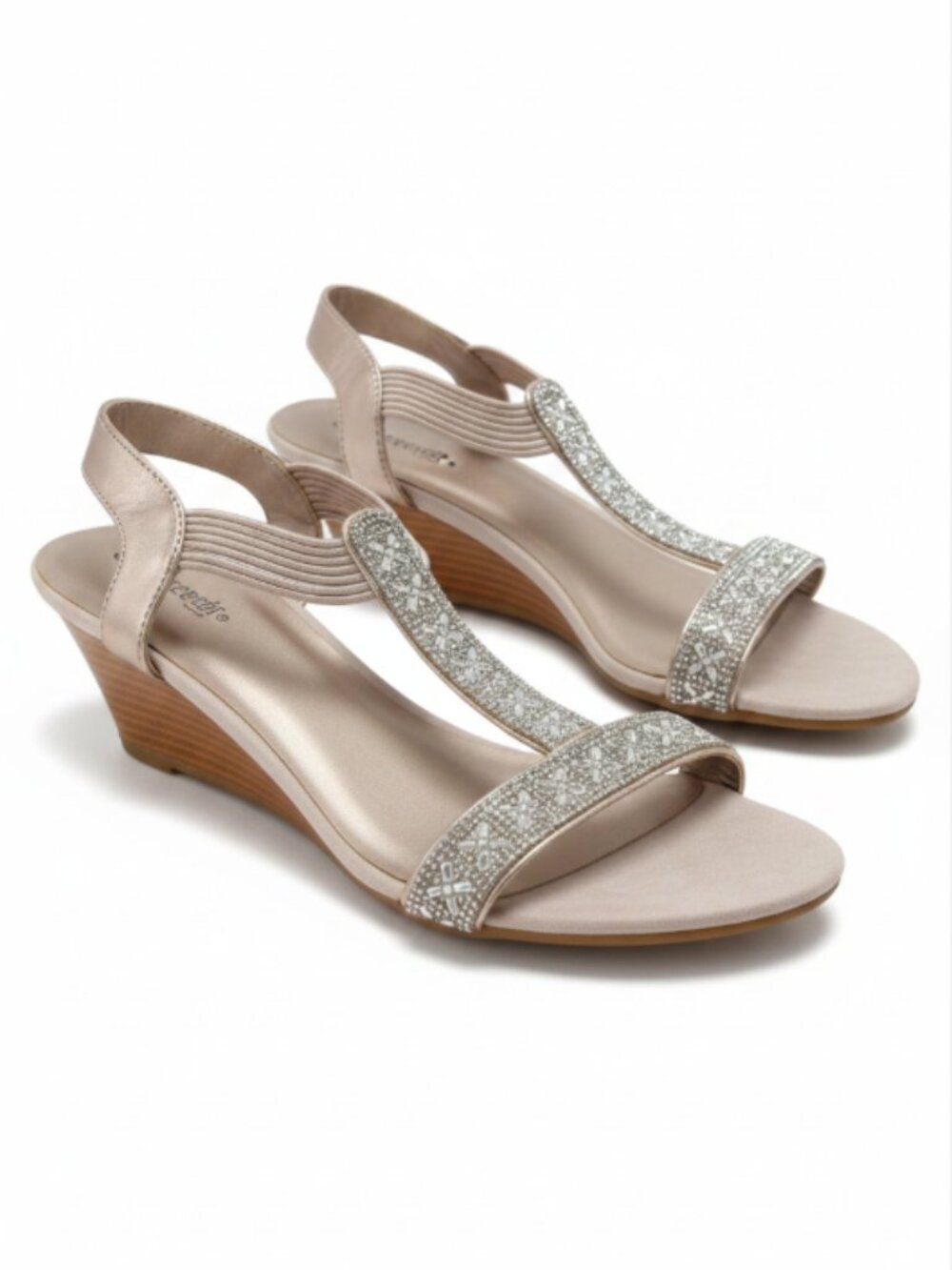 Silver Slipper Womens Dress Sandals Sz 10M Champagne Beaded Rhinestone Wedge NEW
